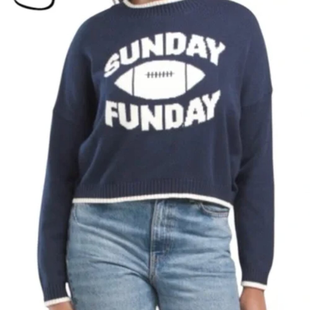 JESSICA SIMPSON Blue White Crewneck Cropped Sunday Funday Football Sweater L